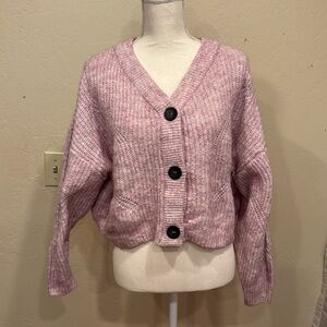 “RD Style” Pink Cropped Cardigan Cabincore Cozy Boxy Fisherman Style